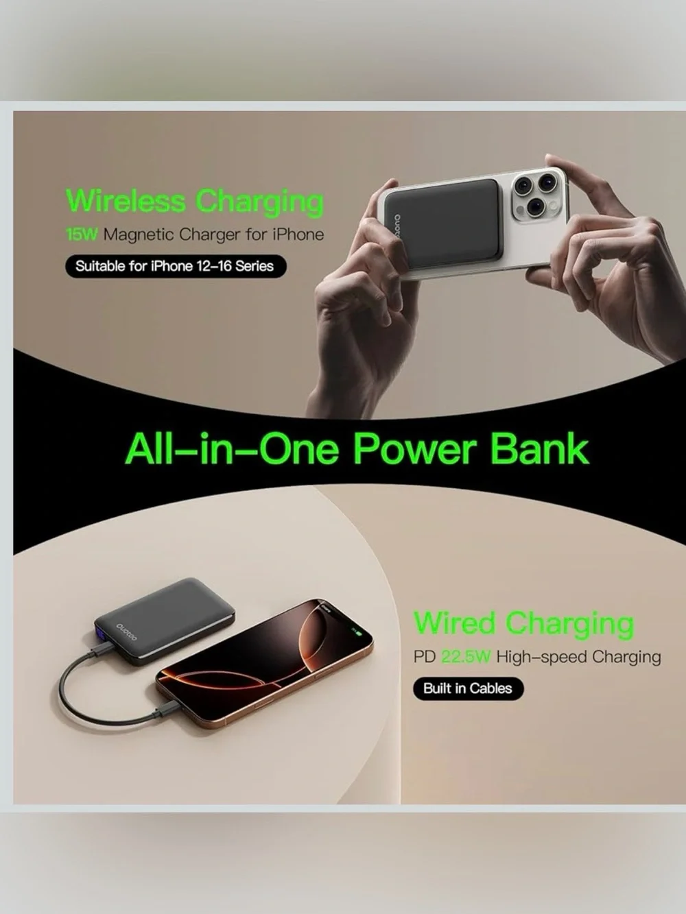 Magnetic portable charger 5000mAh power bank with LED display 15W fast charging